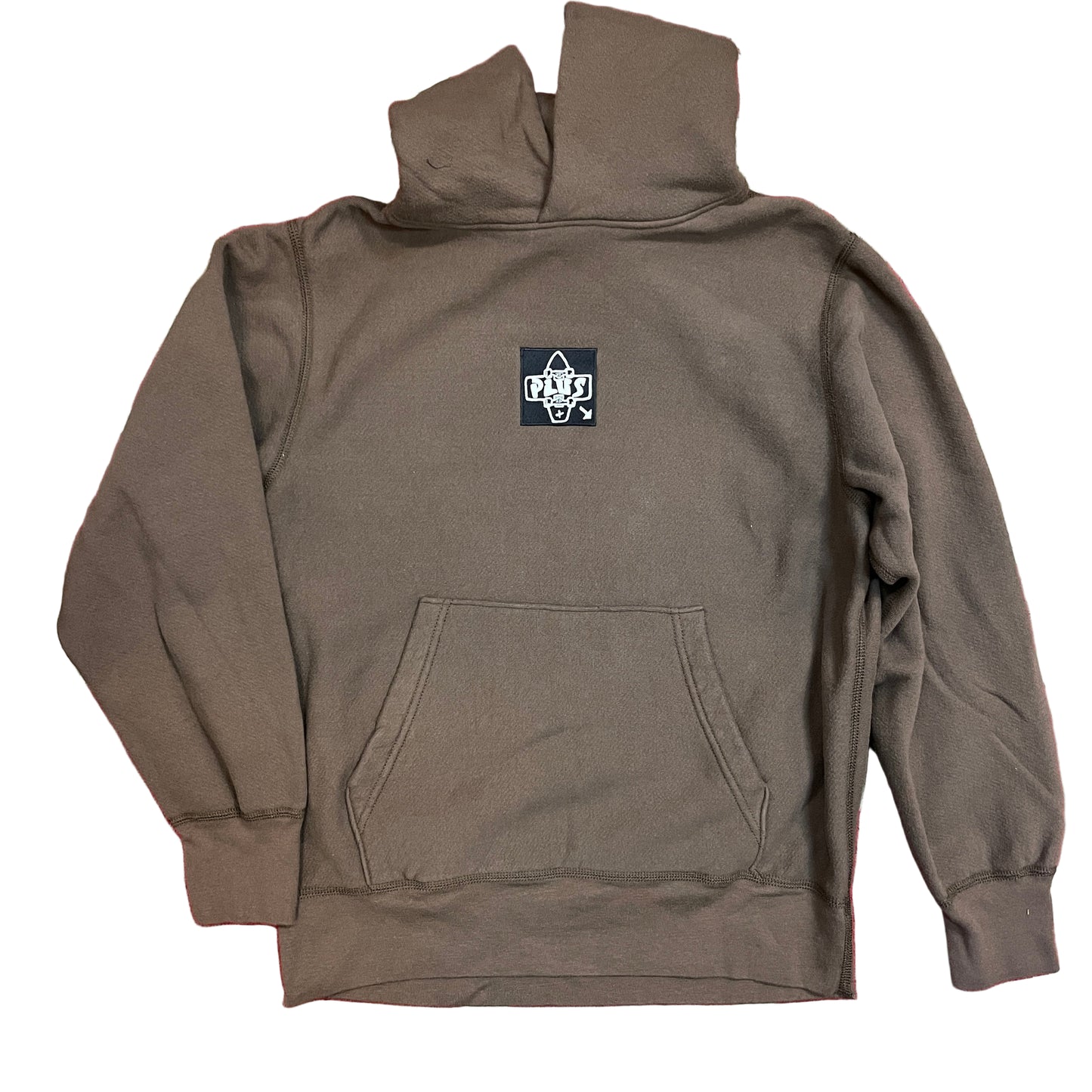Brown hoodie with a logo on the chest against a white background