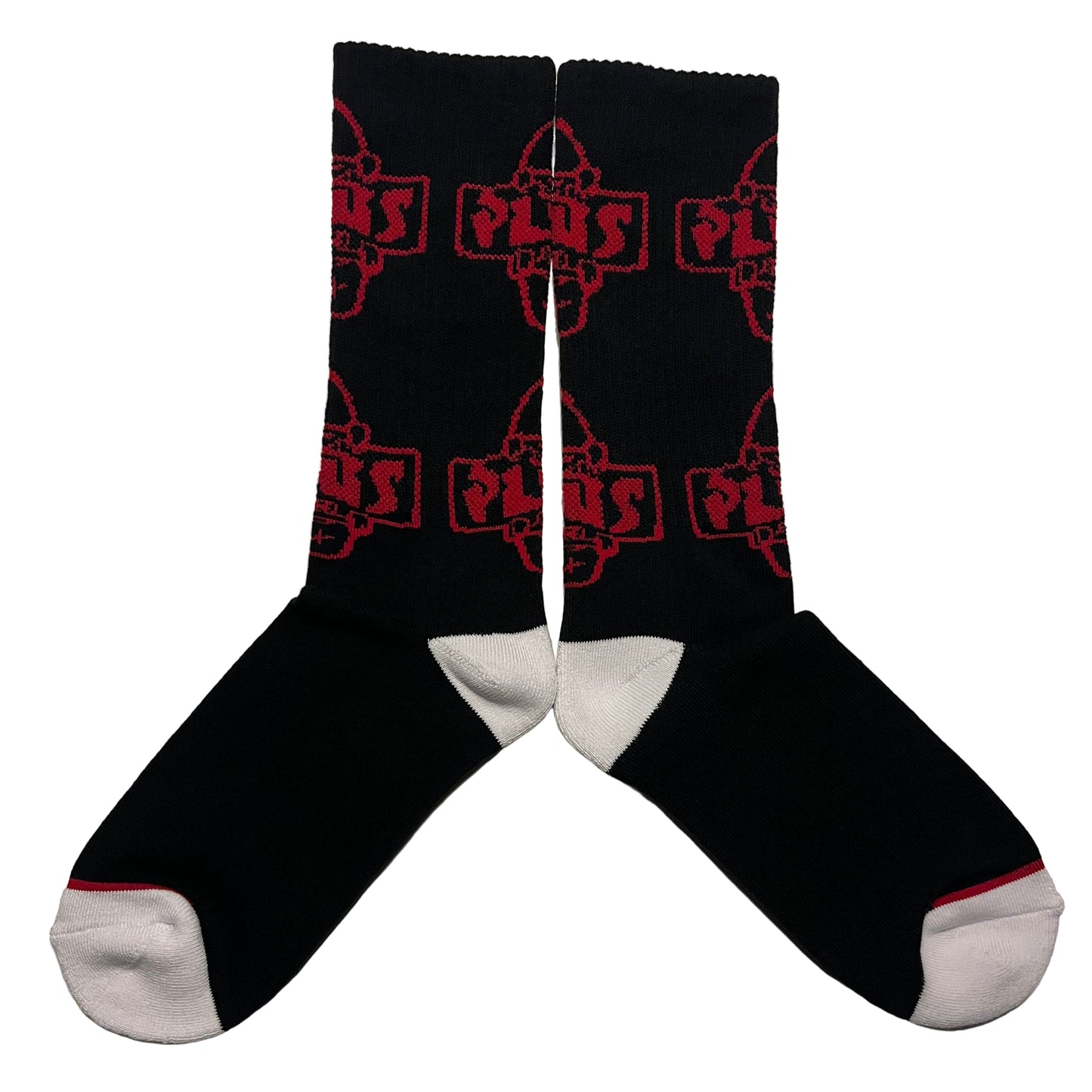 Black socks with red geometric pattern on a light gray background