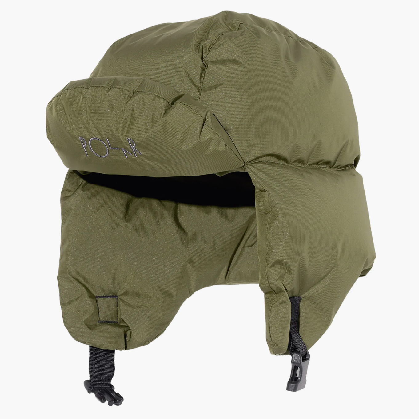 An olive green insulated winter hat with ear flaps and chin straps, featuring the brand name 'POLAR' embroidered in gray on the side, shown against a plain white background.