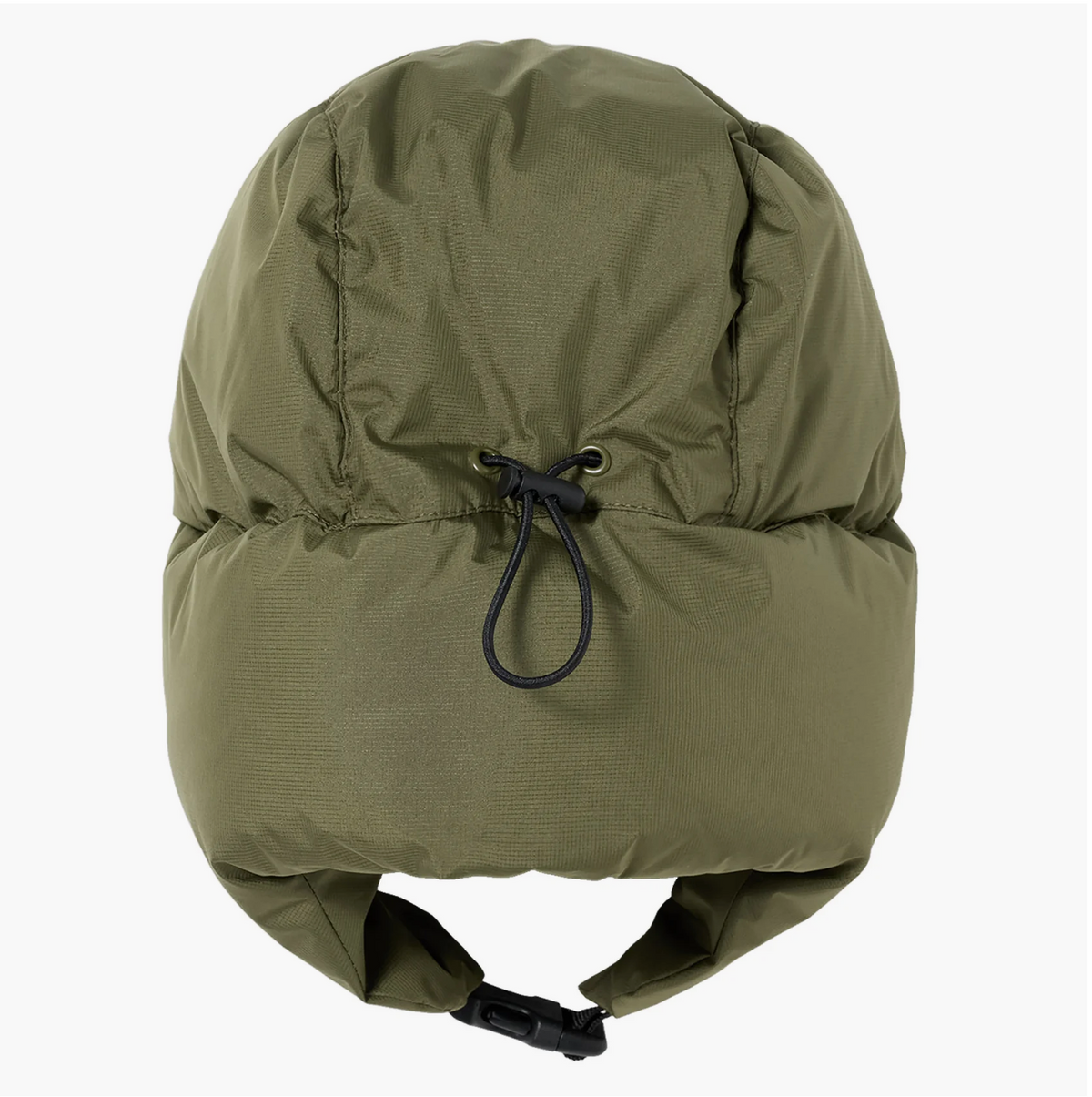 An olive green puffer-style hood with integrated ear flaps and a black drawstring closure, shown against a plain white background.