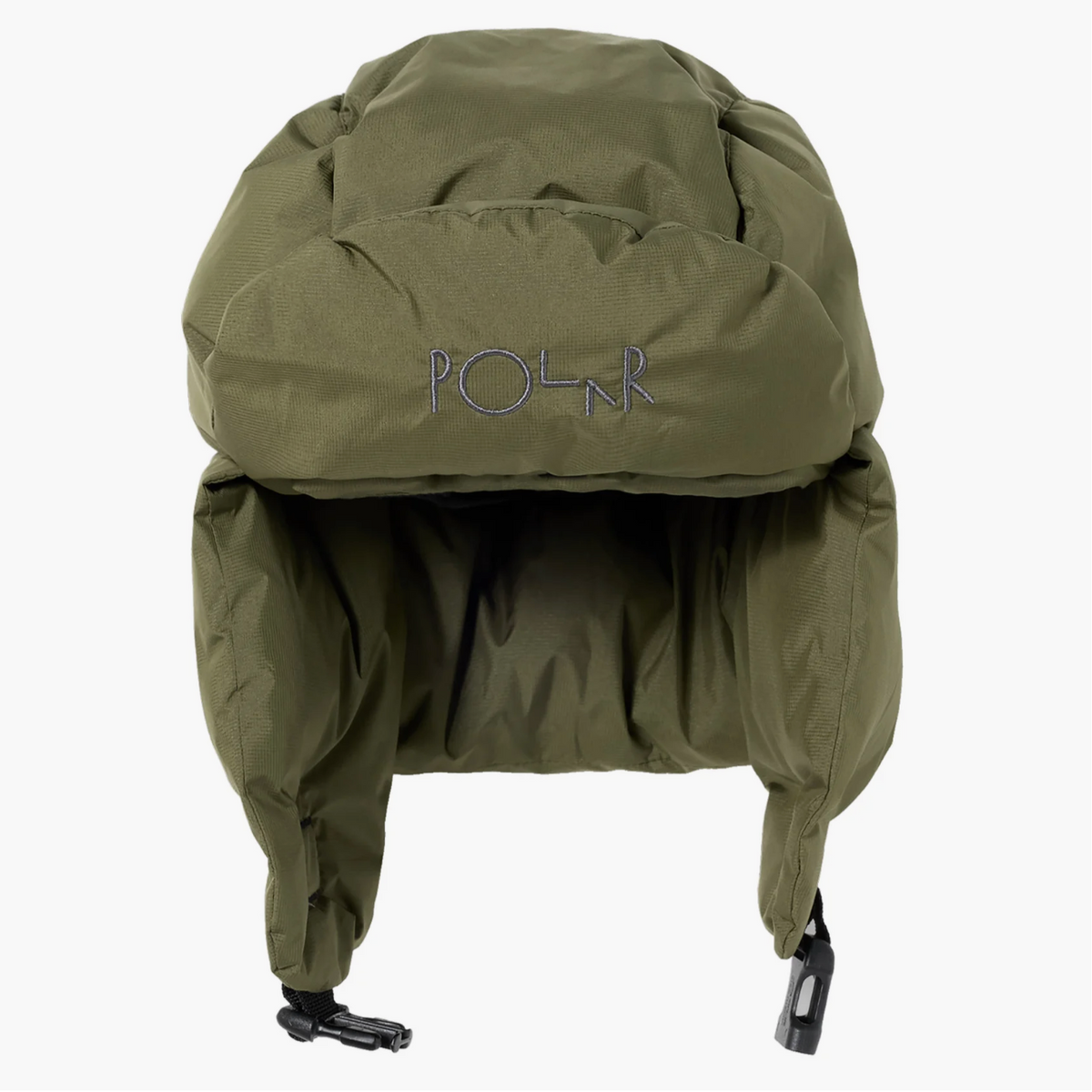 An olive green winter snowsuit hood with ear flaps and chin straps, featuring the embroidered brand name 'POLAR' on the front, shown against a plain white background.