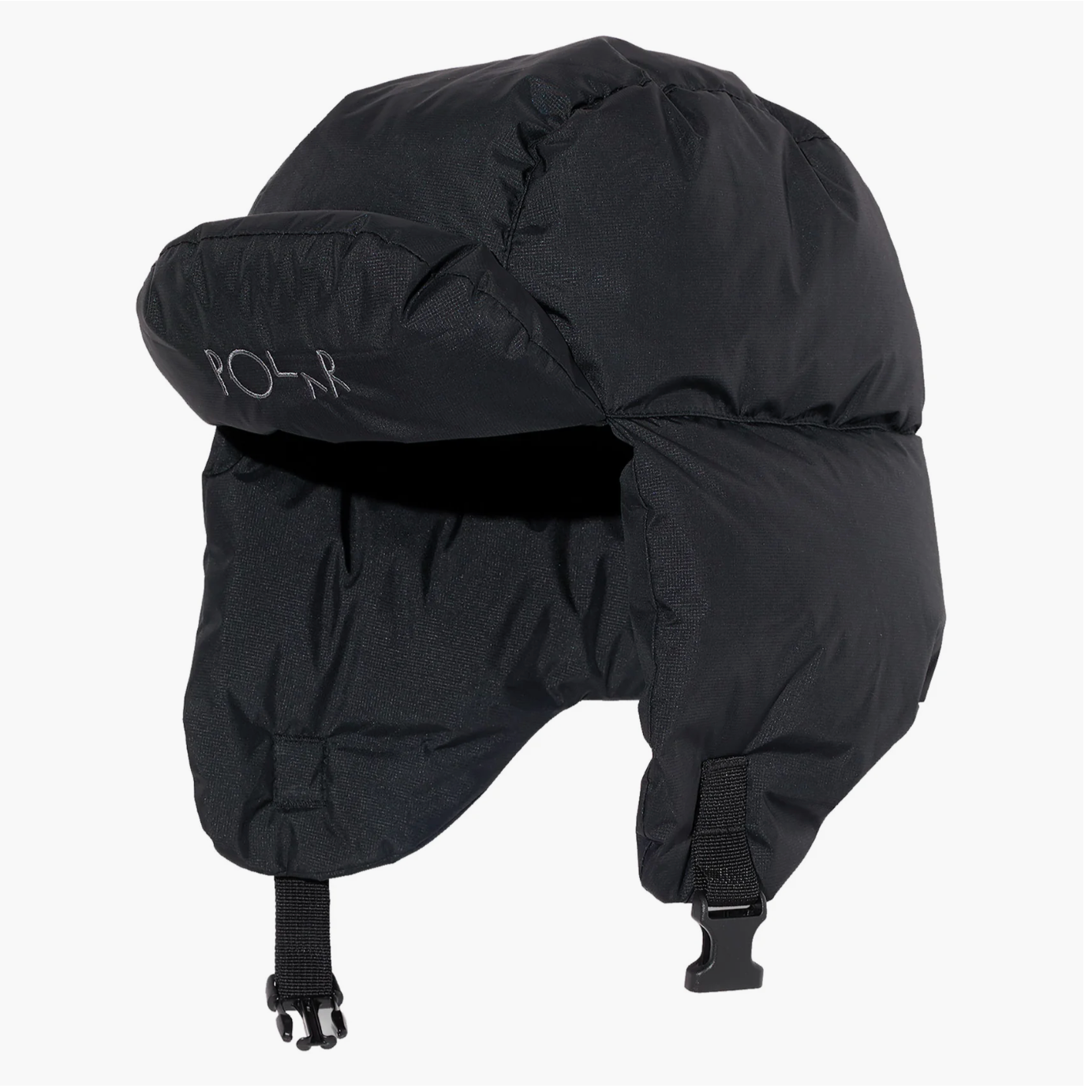 A black padded winter hat with ear flaps and chin straps, featuring a white POLR logo on the side, shown against a plain white background.