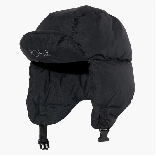 A black padded winter hat with ear flaps and chin straps, featuring a white POLR logo on the side, shown against a plain white background.