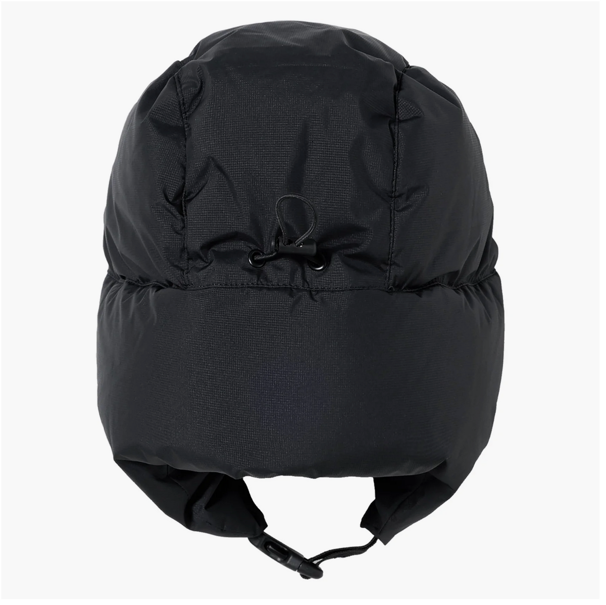 A black puffer-style winter hat with ear flaps and a drawstring closure, photographed against a plain light gray background.