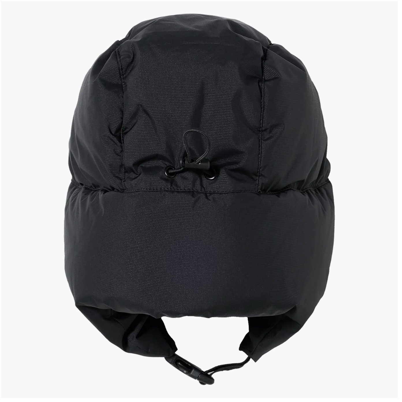 A black puffer-style winter hat with ear flaps and a drawstring closure, photographed against a plain light gray background.