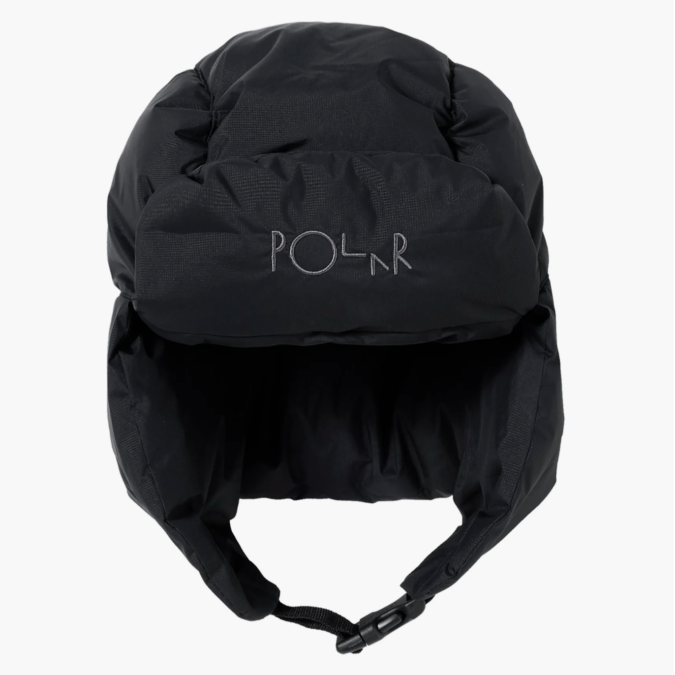 A black insulated winter helmet with ear flaps and a chin strap, featuring the POLR logo embroidered on the front, shown against a plain white background.