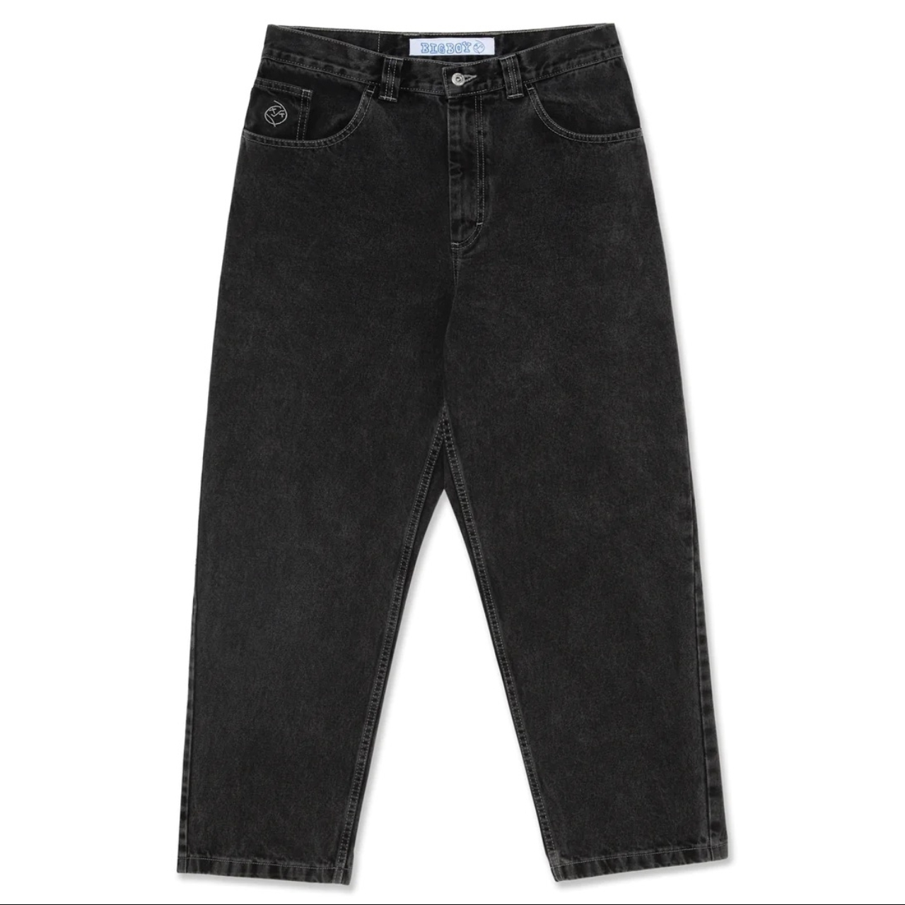 A pair of black washed denim jeans shown flat against a white background, featuring a classic five-pocket design and a small circular embroidered logo on the left pocket.