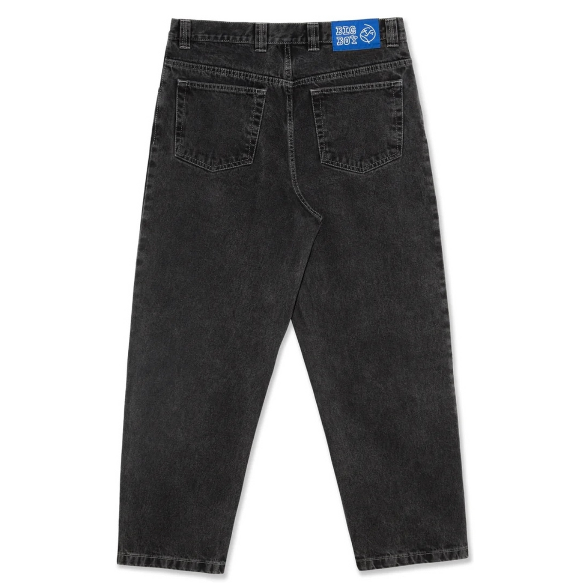 Back view of a pair of washed black denim jeans on a white background, showing the back pockets and a blue brand patch at the waistband.