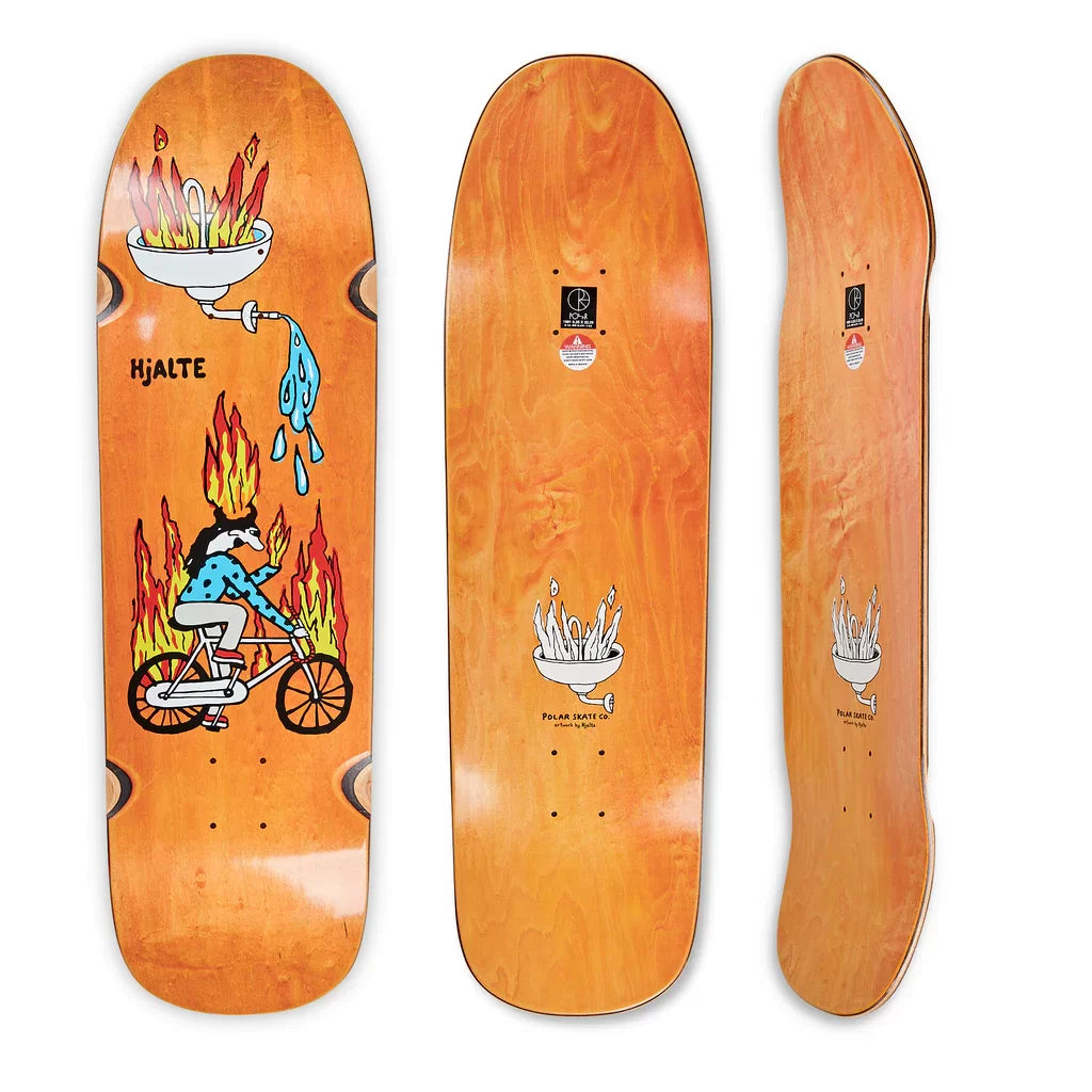 Skateboard deck with a colorful design on an orange background