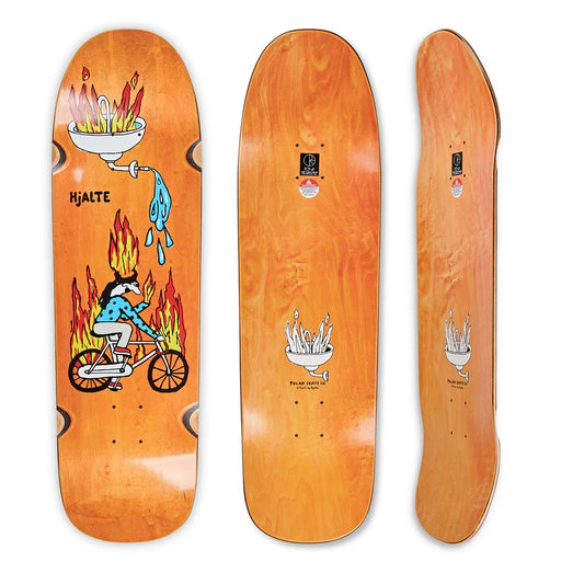 Skateboard deck with a colorful design on an orange background