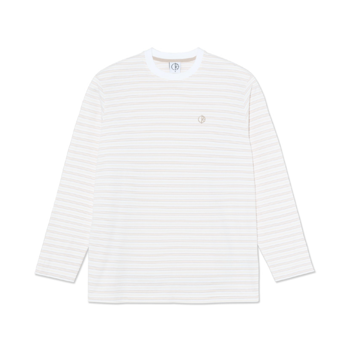 A long-sleeve crewneck shirt with thin, evenly spaced horizontal stripes in cream and a light beige/tan color. It features a small embroidered circular logo on the left chest and a visible 'BP' brand label inside the collar, presented on a clean white background.