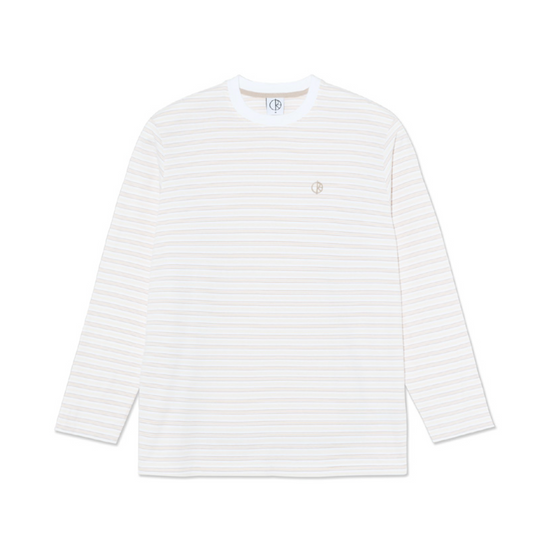 A long-sleeve crewneck shirt with thin, evenly spaced horizontal stripes in cream and a light beige/tan color. It features a small embroidered circular logo on the left chest and a visible 'BP' brand label inside the collar, presented on a clean white background.