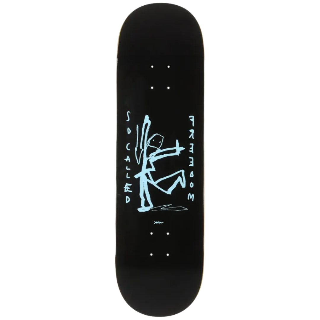 Black skateboard deck with white and blue graphics on a white background