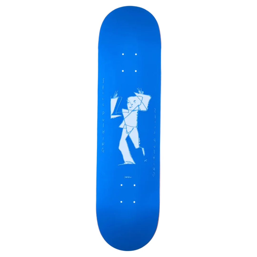 Blue skateboard deck with white graphic design on a white background