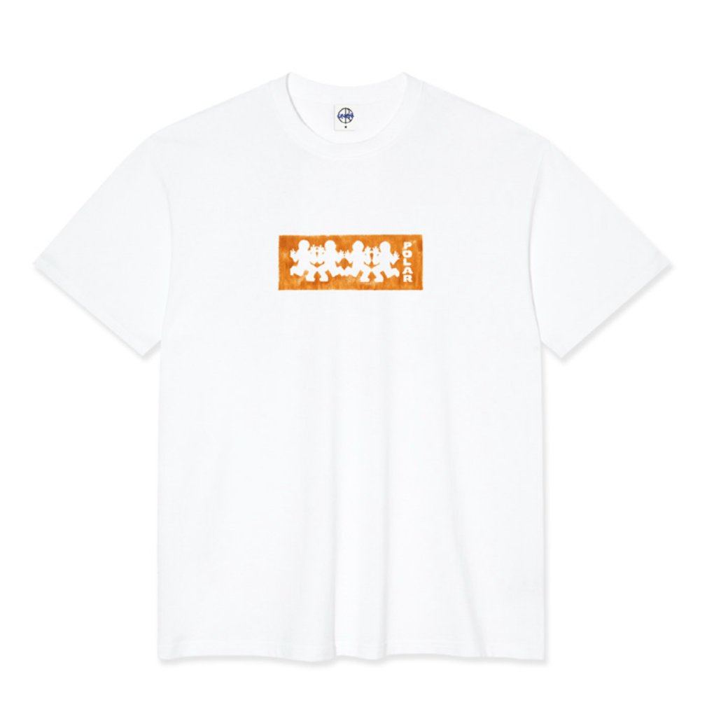 A white short-sleeve crewneck t-shirt featuring a horizontal orange rectangular chest graphic with white Japanese characters and vertical text reading 'SHOJO' on the right side of the box graphic.