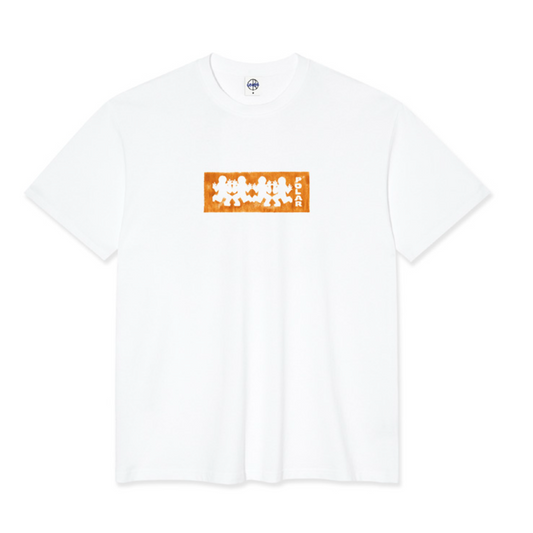 A white short-sleeve crewneck t-shirt featuring a horizontal orange rectangular chest graphic with white Japanese characters and vertical text reading 'SHOJO' on the right side of the box graphic.