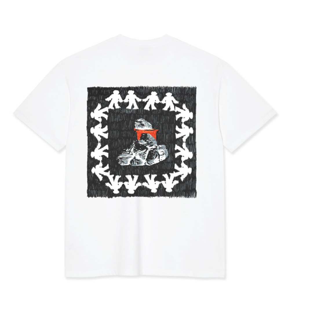 A white short-sleeve t-shirt with a large square graphic on the back. The graphic features a black textured background with a border of white stick-figure-like silhouettes, enclosing a central illustration of a white sneaker with a bright red visor.