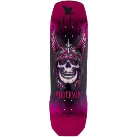 Skateboard deck with a skull design and 'Anderson' branding on a pink and black background