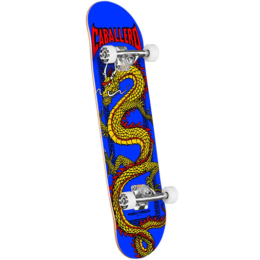 Skateboard with dragon design and 'Caballero' branding on a blue background