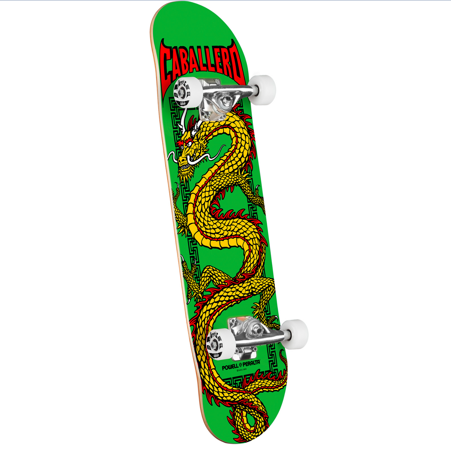 Skateboard with snake design and 'Caballero' branding on a green background