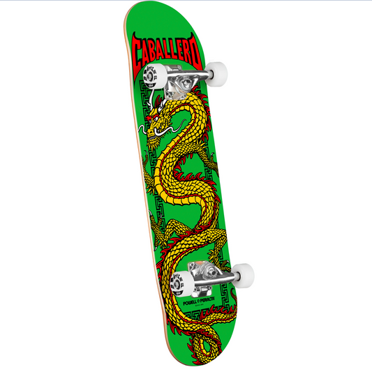 Skateboard with snake design and 'Caballero' branding on a green background