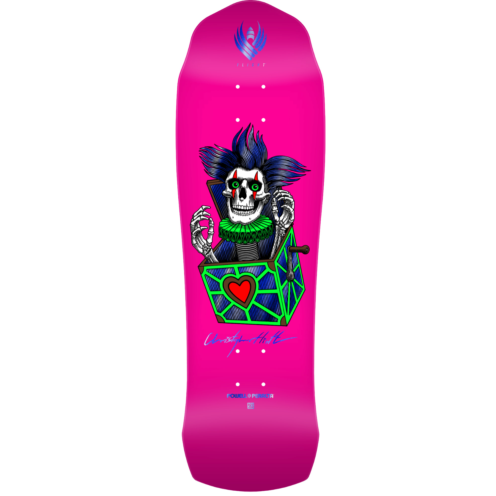Pink skateboard deck with a colorful skull design on a white background