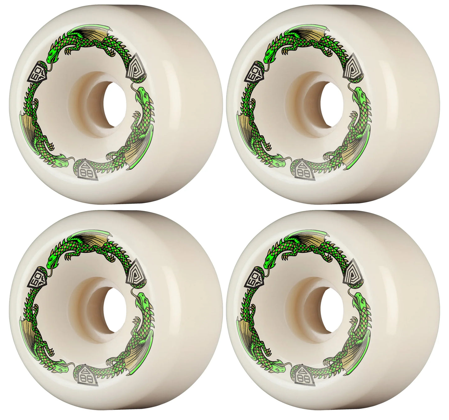 Four white skateboard wheels with green and black designs on a white background