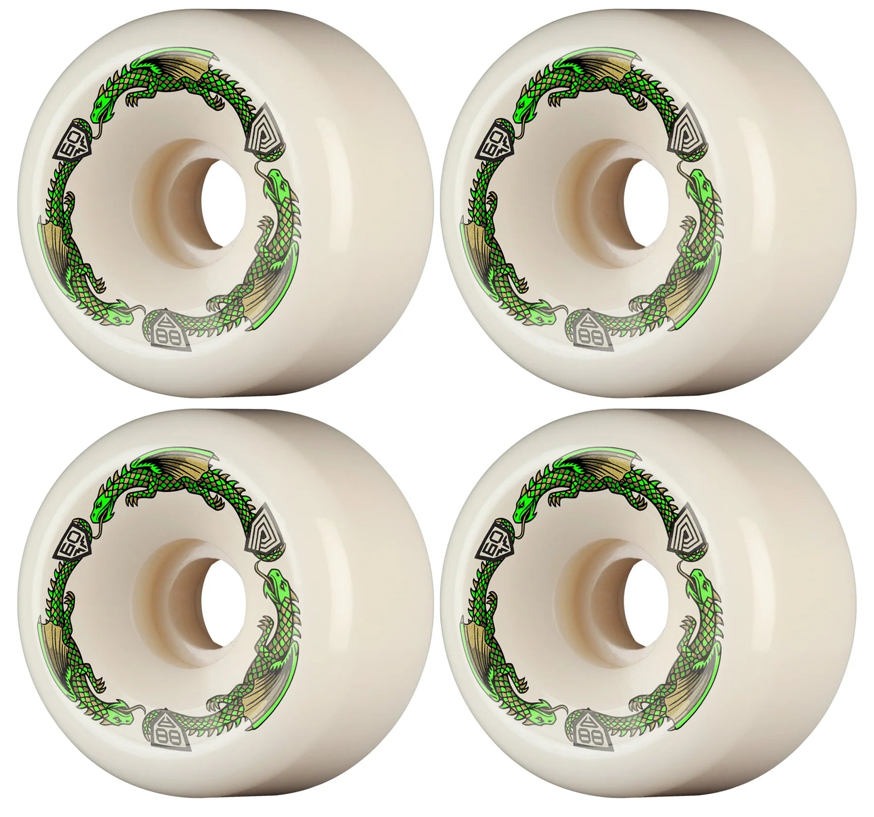 Four white skateboard wheels with green and black designs on a white background