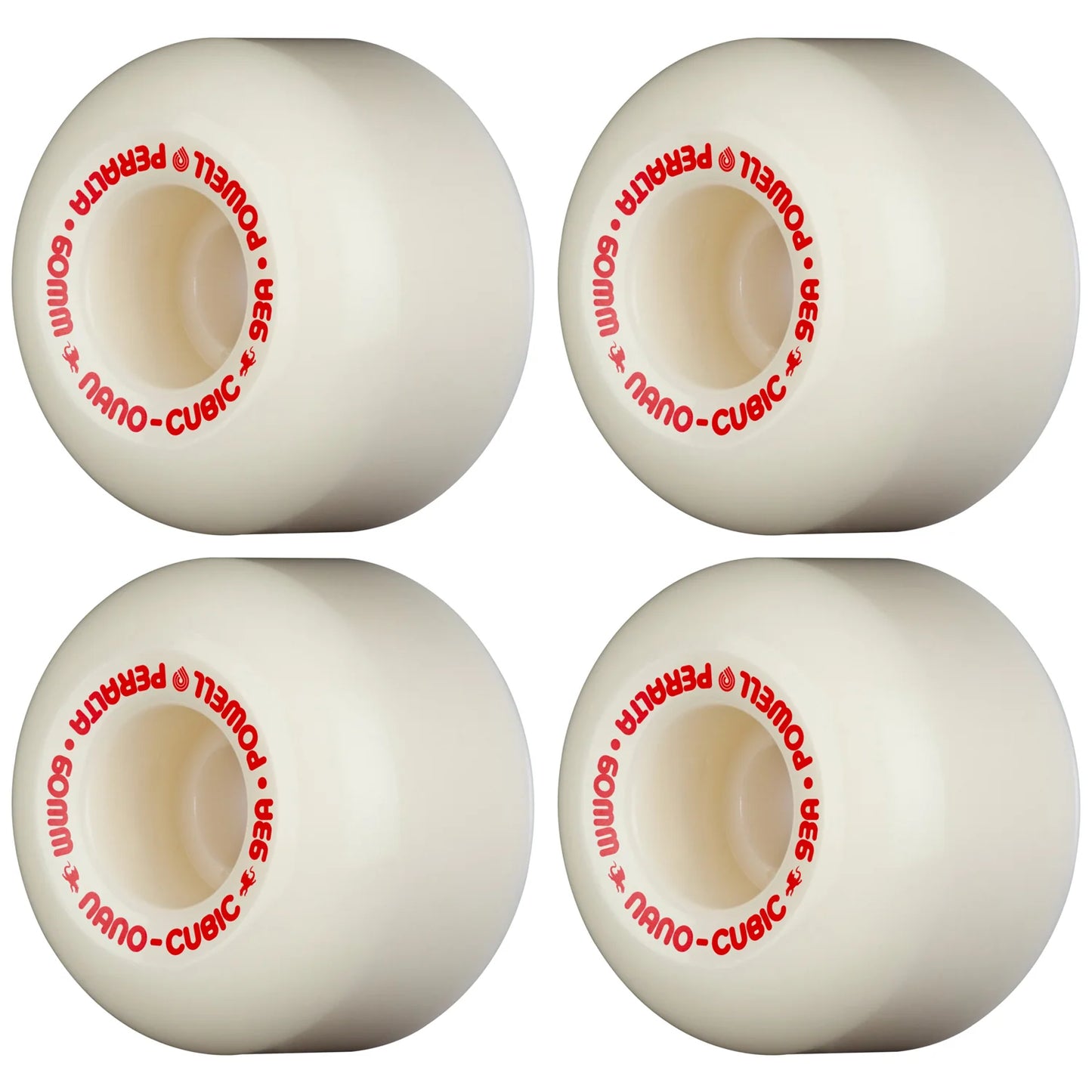Four white skateboard wheels with red text on a white background