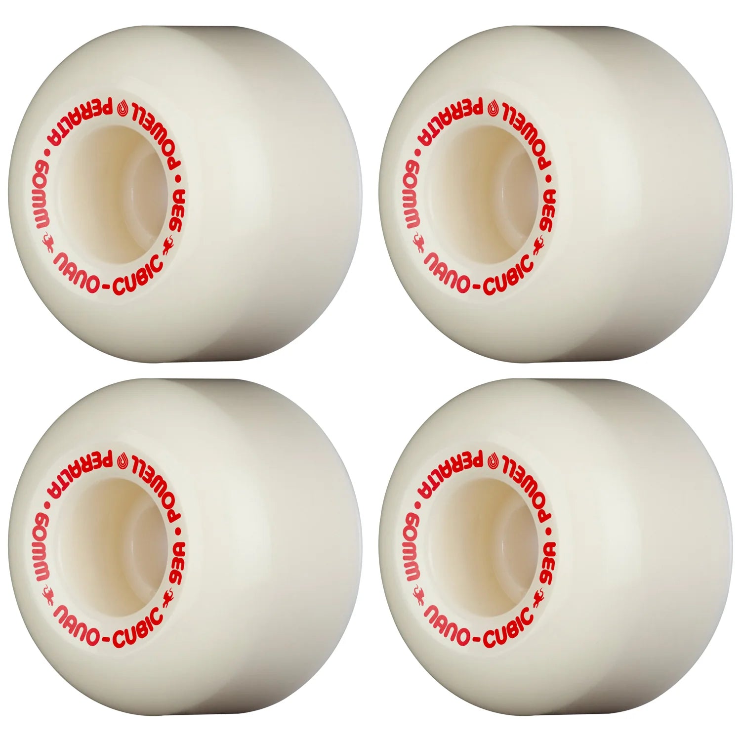 Four white skateboard wheels with red text on a white background