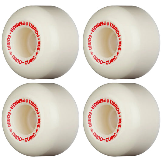 Four white skateboard wheels with red text on a white background
