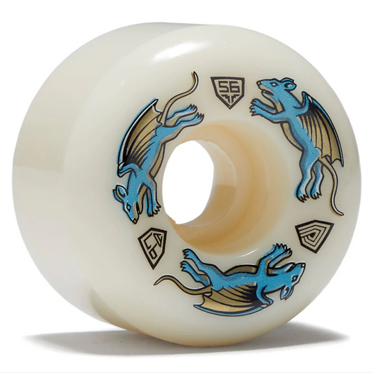 Skateboard wheel with blue dragon design and visible brand logo on a white background