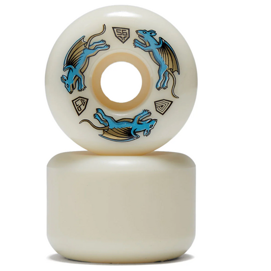 Two skateboard wheels with blue dragon designs on a white background