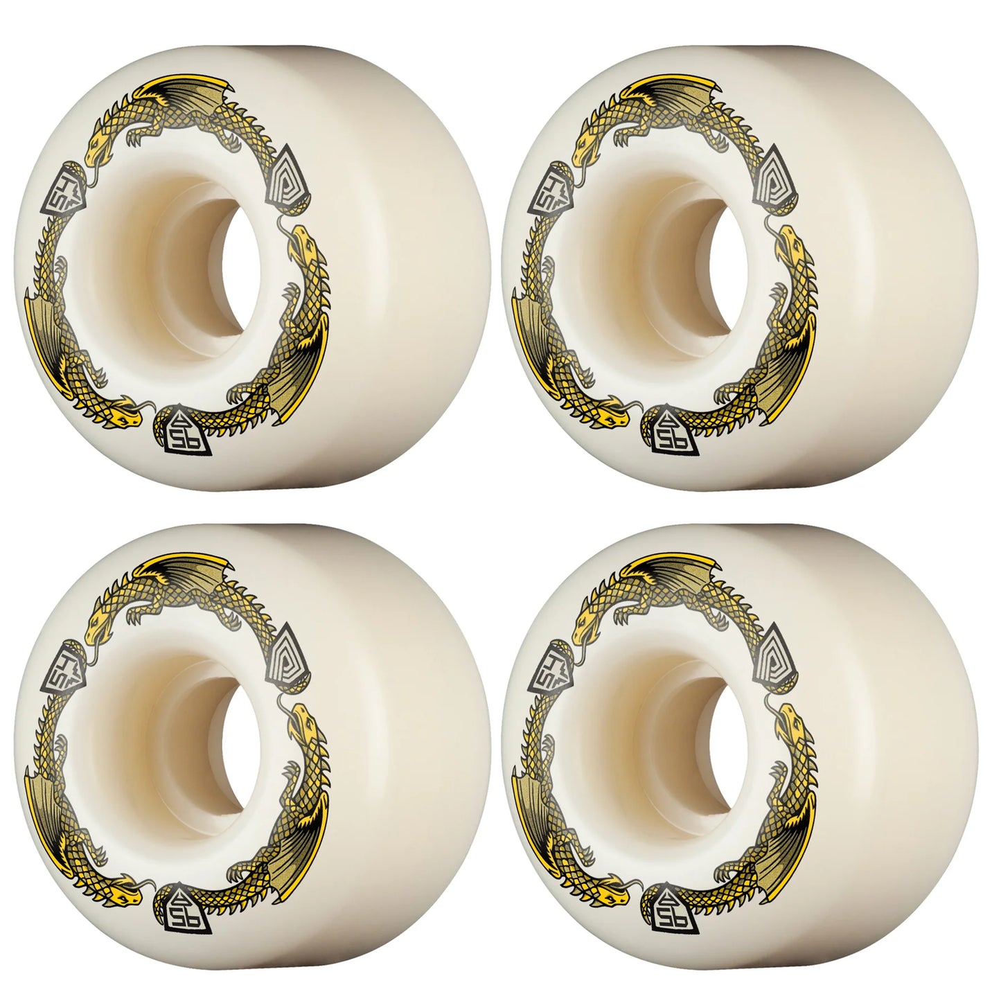 Four white wheels with gold and black designs on a white background