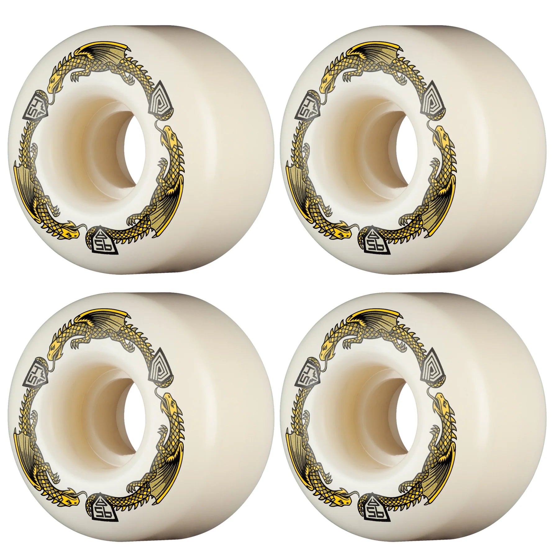 Four white wheels with gold and black designs on a white background