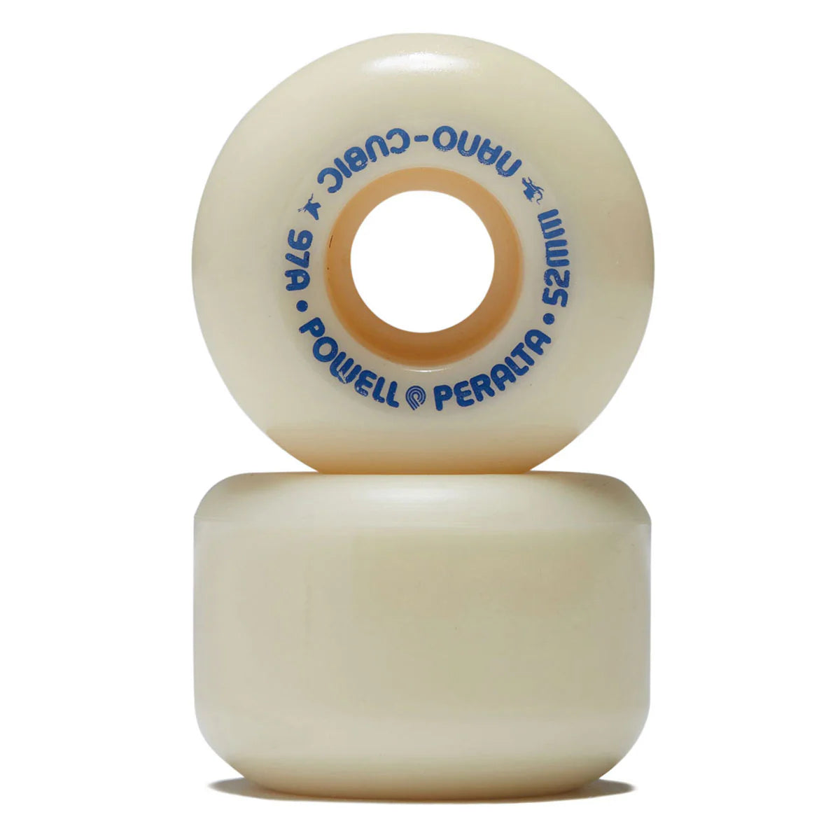 Two skateboard wheels with visible branding on a white background