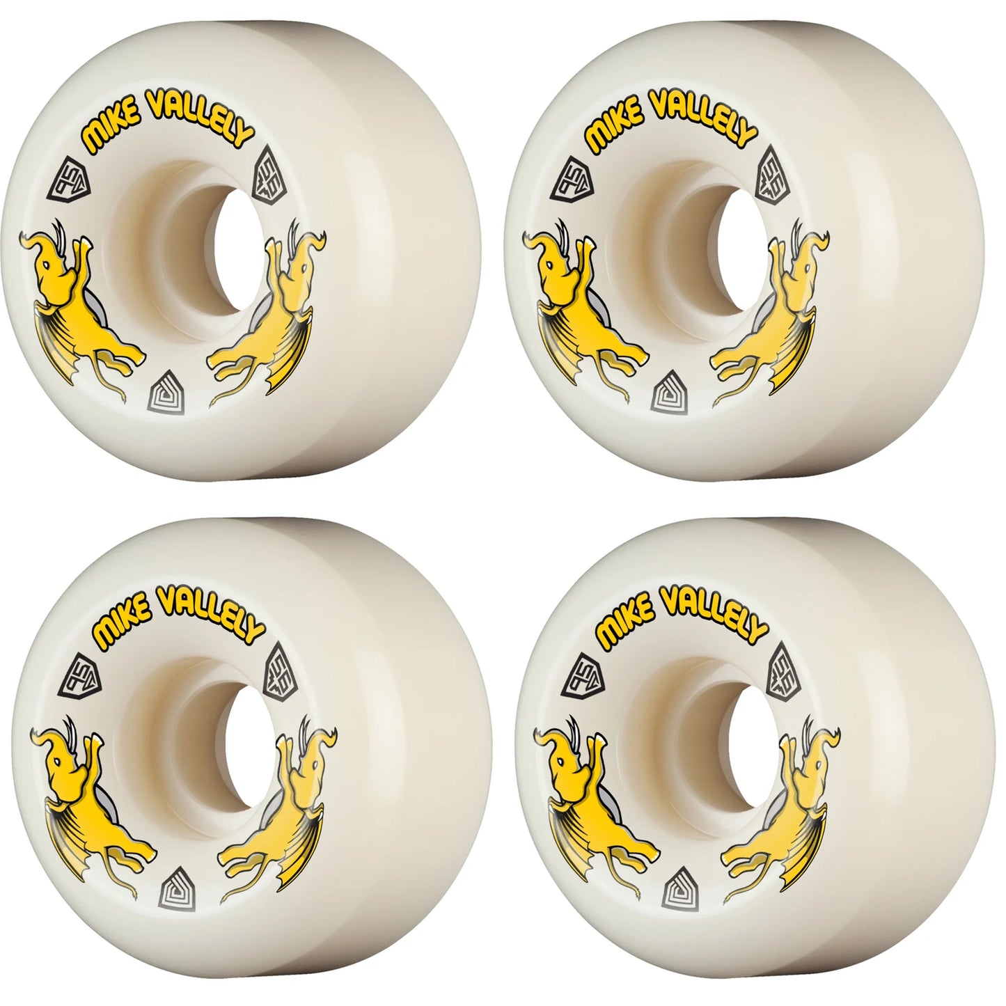 Four white skateboard wheels with yellow graphics and text on a white background