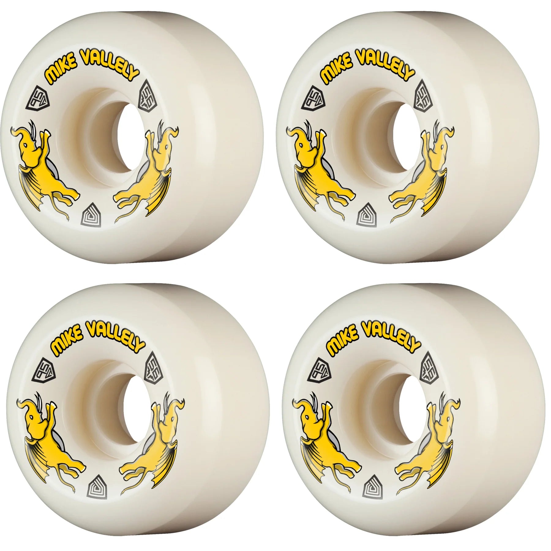 Four white skateboard wheels with yellow graphics and text on a white background