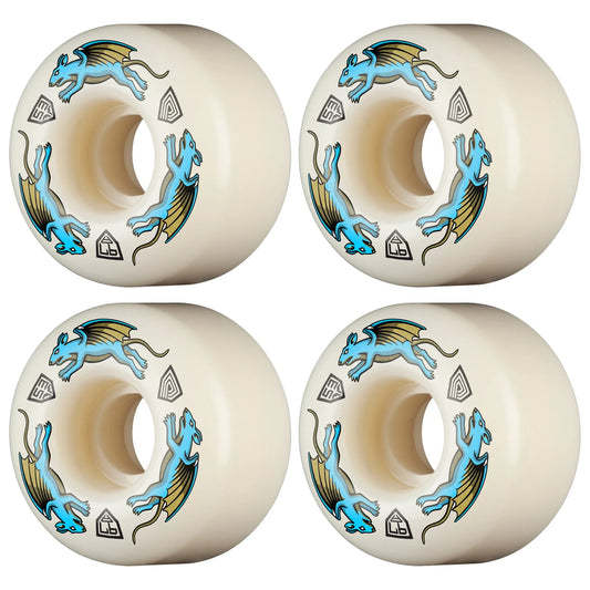 Four skateboard wheels with blue lizard graphics on a white background