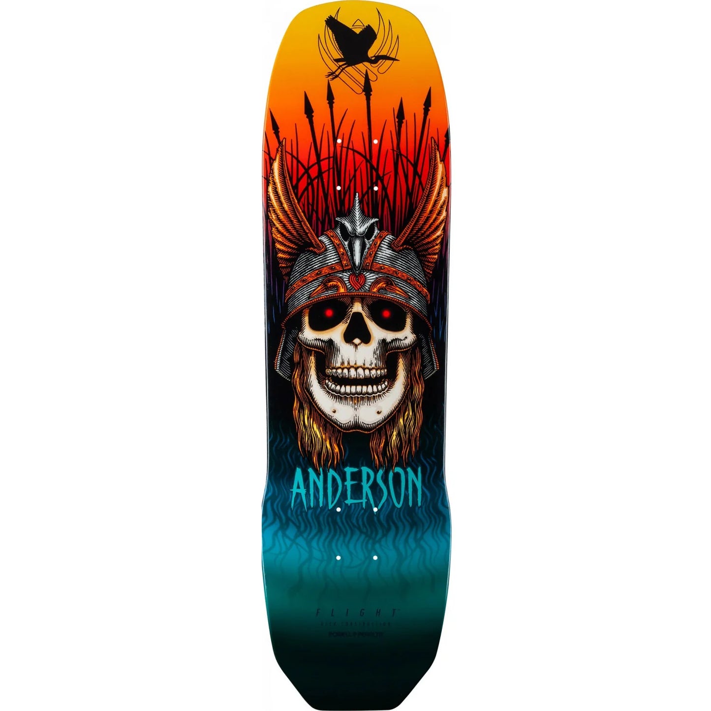 Skateboard deck with a colorful design featuring a skull and feathers, branded 'Anderson'.