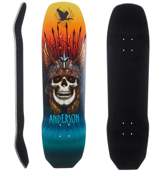 Skateboard deck with colorful design and 'Anderson' branding, shown from two angles.