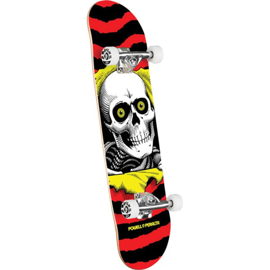 Skateboard with a skull design on a red, black, and yellow striped background