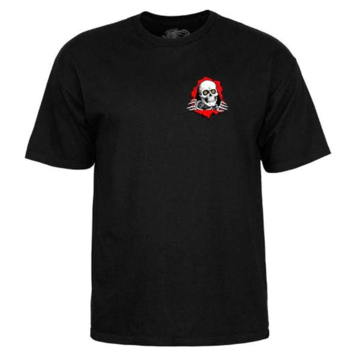 A black short-sleeve crewneck t-shirt featuring a small graphic on the left chest of a white skull with red hair and a red scarf, set against a plain white background.
