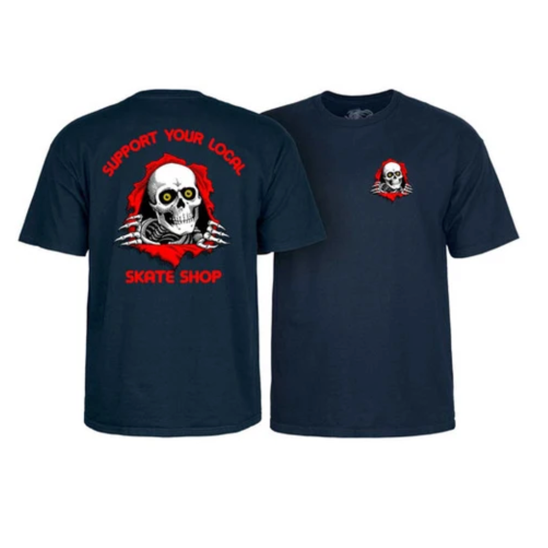 A navy blue short-sleeve t-shirt shown from both the front and back. The back features a large graphic of a white skull with yellow eyes inside a red circular frame, with the text 'SUPPORT YOUR LOCAL SKATE SHOP' in red.