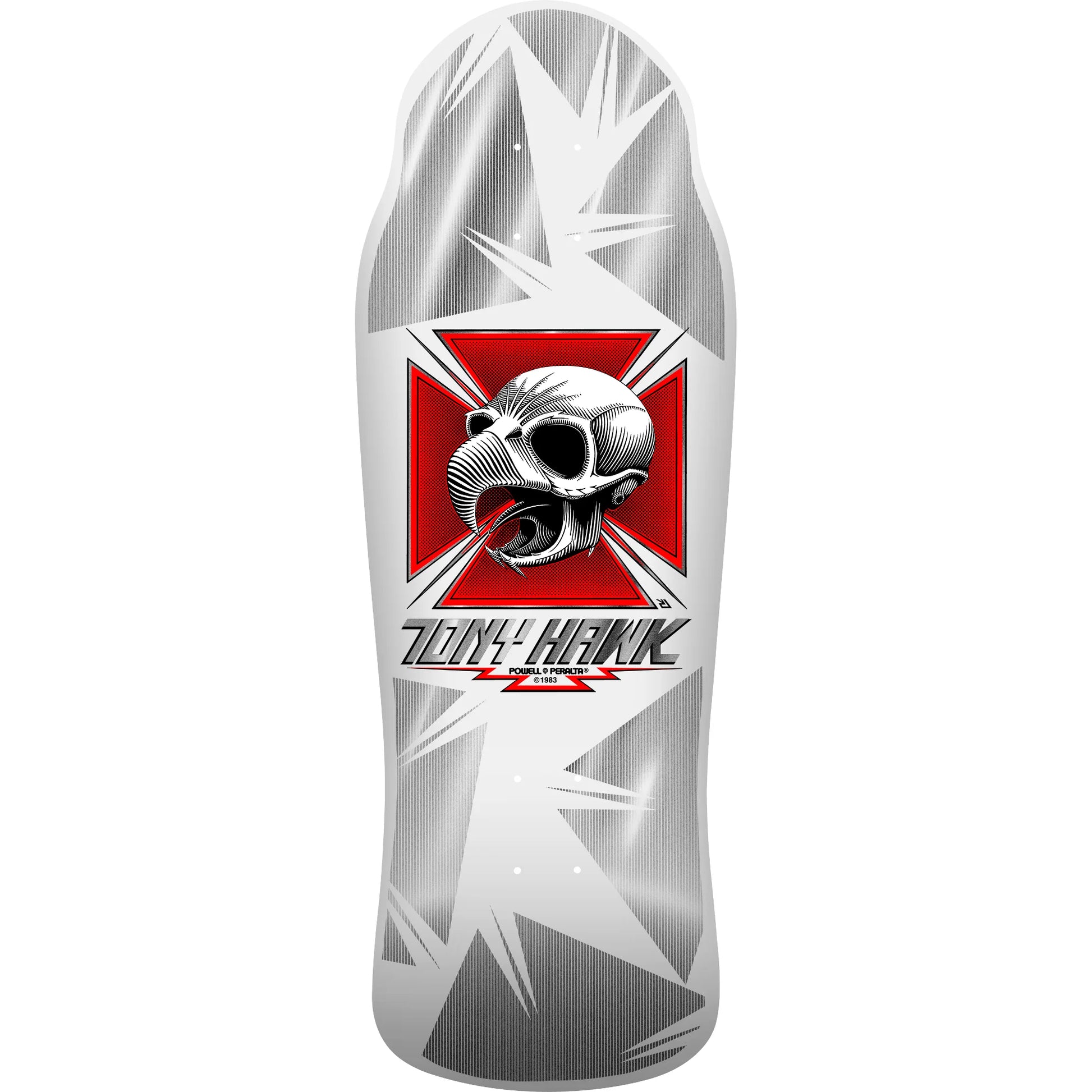 Skateboard deck with a skull design and 'Tony Hawk' branding on a white background