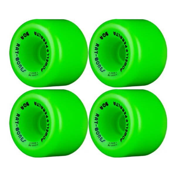 Four green skateboard wheels with 'Powell' branding on a white background