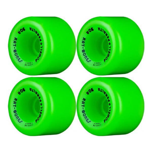 Four green skateboard wheels with 'Powell' branding on a white background