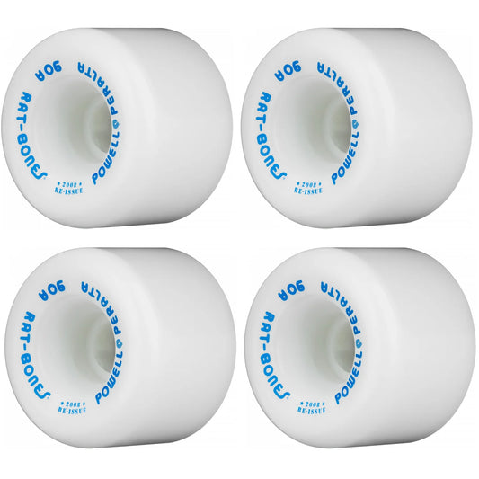 Four white skateboard wheels with blue text on a white background
