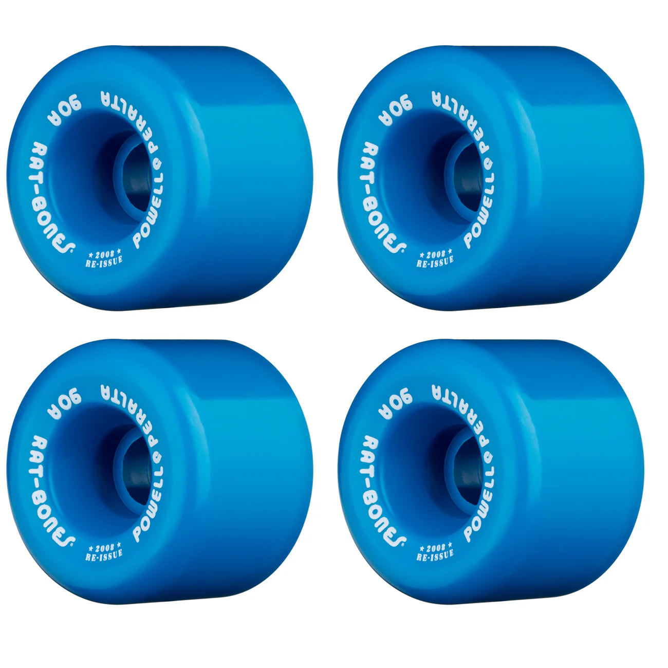 Four blue skateboard wheels with white text on a white background
