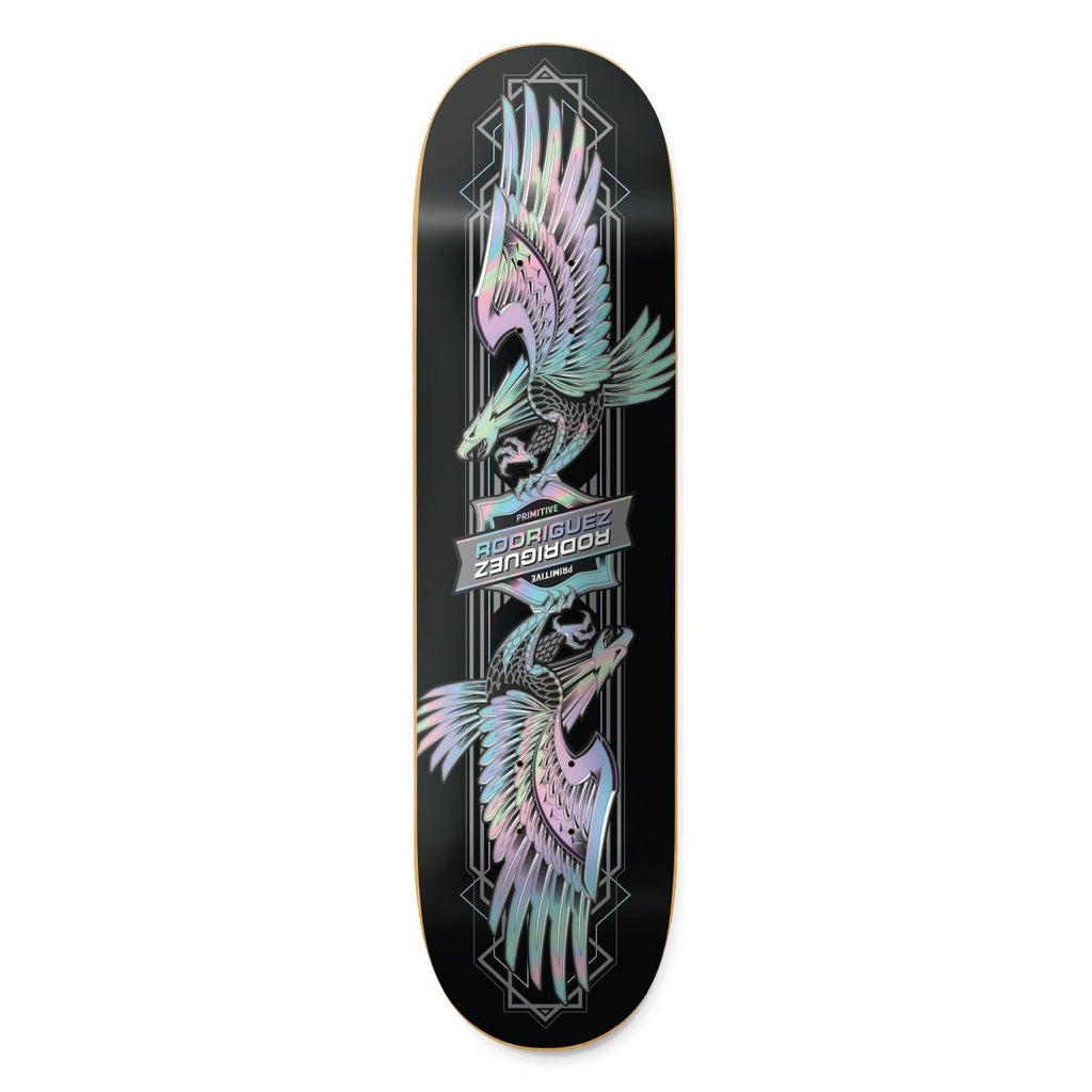 Skateboard deck with colorful bird design and brand logo on a white background